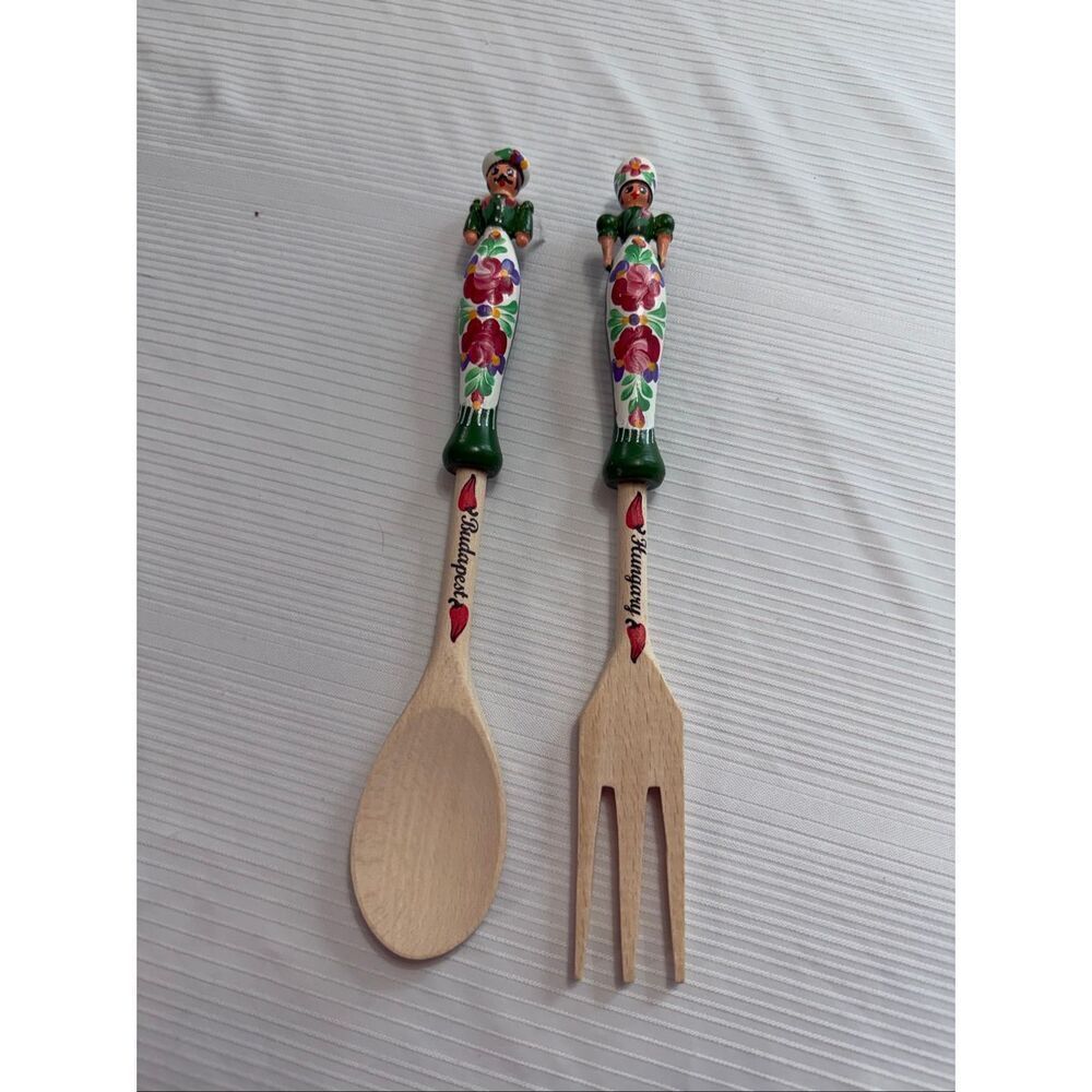Vintage Hungarian Lady and Man Wood Salad Serving Fork and Spoon